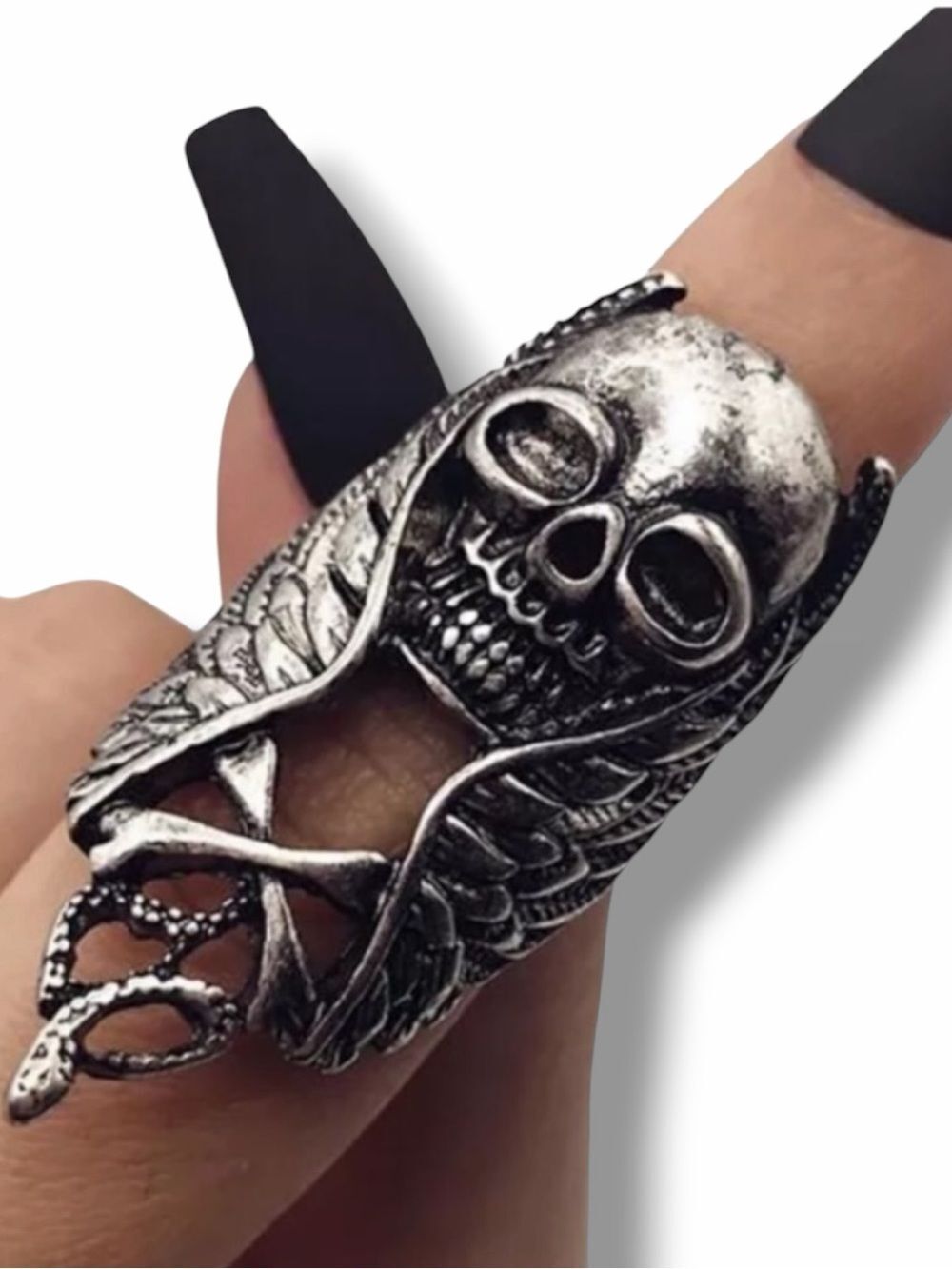 Antique Silver Skull Winged Full Finger Ring Gothic Biker Armor Band 9 10 11 NWT